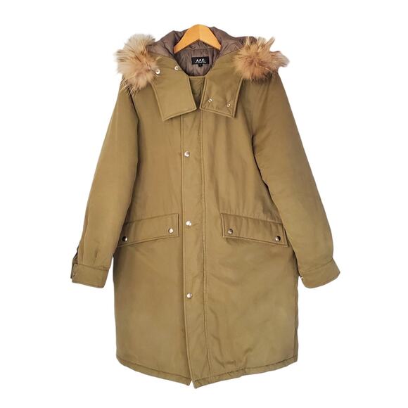 A.P.C. Rue Madame Paris Quilted Racoon Fur Hooded Parka Jacket Green Size Large - Picture 3 of 10